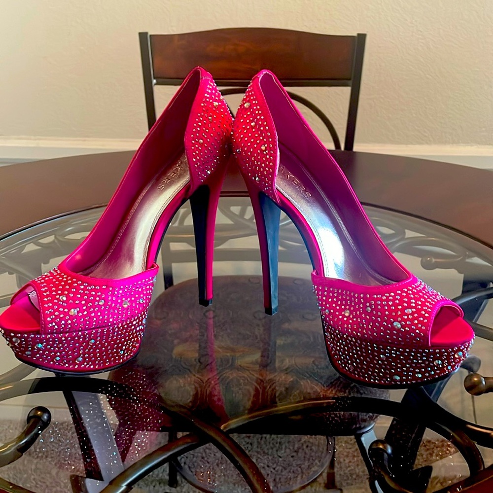 Bakers Hot Pink Rhinestone Platform Peeptoe Heels
